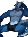 2024 2_horns 3:4 abs anthro barazoku biceps big_muscles biped black_eyes blue_body blue_fur countershade_fur countershading curved_horn dragon fur furred_dragon furred_scalie hi_res horn jaybeyyy looking_at_viewer male muscular muscular_anthro muscular_male mythological_creature mythological_scalie mythology pecs scalie solo white_body white_countershading white_fur yellow_sclera