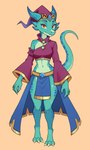 absurd_res anthro azura_(golddrake) barefoot belt blue_body blue_scales bottomwear breasts clothing exposed_shoulder feet female gem gold_trim hat headgear headwear hi_res horn kobold large_sleeves magic_user medieval_fantasy meelsyse midriff oversized_clothing scales skirt solo tail