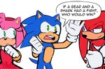 2020 amy_rose anthro being_watched blue_body clothing dialogue echidna english_text eulipotyphlan female gloves green_eyes group handwear hedgehog hi_res knuckles_the_echidna looking_at_another male mammal monotreme narrow_hips pink_body purple_eyes red_body sega signature simple_background sonic_the_hedgehog sonic_the_hedgehog_(series) speech_bubble text thin_thighs trio violetmadness7