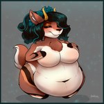 1:1 2023 2_horns 4_fingers antelope anthro artist_name bangs belly big_belly big_breasts biped blush border bovid breasts brown_body brown_fur brown_nose camille_(ghijo9) chest_tuft colored digital_drawing_(artwork) digital_media_(artwork) eyebrows eyelashes eyes_closed featureless_feet feet female fingers flower flower_crown fluffy fluffy_tail fur gazelle green_border green_eyebrows green_flower green_hair grey_background hair hand_on_breast hi_res horn inner_ear_fluff mammal multicolored_body multicolored_fur multicolored_tail navel nude obese obese_anthro obese_female overweight overweight_anthro overweight_female plant ponytail rakkyoarts shaded simple_background smile solo standing striped_body striped_fur stripes tail tuft white_body white_fur wide_hips yellow_horn