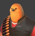 animal_head anthro avian beak bird clothed clothing digital_media_(artwork) feathers for_a_head fully_clothed grey_background half-length_portrait heavy_(team_fortress_2) humanoid lintufriikki lol_comments male orange_body orange_feathers portrait red_army_robin signature simple_background solo team_fortress_2 valve