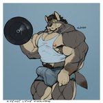 1:1 2020 anthro areola bicep_curl biceps big_bulge big_muscles biped black_hair body_size_growth border bottomwear bulge canid canine canis clothing detailed_bulge digital_drawing_(artwork) digital_media_(artwork) exercise flaccid fur genital_outline genitals george_(yuri)_kuznetsov green_eyes grey_body grey_fur growth growth_sequence hair huge_muscles male mammal muscle_growth muscular nipples oldshep penis penis_outline shirt shorts sideways-pointing_bulge size_transformation solo standing tank_top topwear transformation weightlifting white_border wolf workout