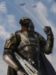 accipitrid accipitriform aircraft airplane anthro armor avian bird cape clothing cloud democracy digital_media_(artwork) eagle gesture gun helldivers hi_res jet male painting_(artwork) portrait ranged_weapon rifle salute scope sketch sky solo techiesxc vehicle weapon