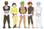 3:2 anthro anthrofied bergmite briefs briefs_only bulge chespin cid_(fuze) cliff_(fuze) clothed clothing colored_seam_underwear crossed_arms fossil_pokemon fuze generation_6_pokemon group helioptile hi_res litleo male navel nintendo nipples pokemon pokemon_(species) pokemorph red_seam_briefs red_seam_underwear topless tyrunt underwear underwear_only white_briefs white_clothing white_underwear