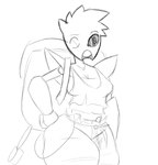 backpack black_eyes cavemanon_studios clothed clothing dume_deigh exit_665 female humanoid jewelry machine monochrome necklace one_eye_closed robot robot_humanoid simple_background sketch solo thick_thighs unknown_artist white_background