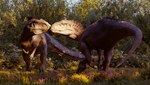 16:9 3d_(artwork) absurd_res blender_(artwork) carcharodontosaurid claws day detailed_background digital_media_(artwork) dinosaur duo english_text female feral flower forest giganotosaurus grass hi_res huge_filesize indominus_rex jurassic_park jurassic_world jurassic_world:_dominion kretduy light looking_at_another male male/female outside peaceful plant prehistoric_species reptile scalie shrub sunlight tail teeth text theropod tree universal_studios widescreen