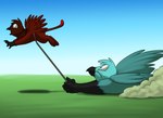 avian beak black_beak duo feathered_wings feathers feral flying foxenawolf free_agent_(mlp) goldfur's_cogsverse green_body green_feathers gryphon leash leash_pull male mythological_avian mythological_creature mythology red_body red_feathers wings young