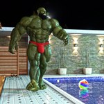 abs clothed clothing fangs green_body green_skin hi_res humanoid humanoid_pointy_ears male muscular muscular_humanoid muscular_male nipples og_idk orc partially_clothed pecs solo swimwear teeth vein veiny_muscles