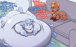 16:10 after_sex alolan_form alolan_vulpix belly big_belly big_butt blue_body blue_eyes blue_fur blue_hair blush blush_lines bodily_fluids burping butt cum cum_ballooning cum_burp cum_inflation cum_inside dialogue duo english_text female feral fur furniture garuda_six generation_1_pokemon generation_7_pokemon genital_fluids hair hi_res huge_belly huge_butt hyper hyper_belly hyper_inflation immobile inflation lying lying_on_self nintendo octavia_(garuda_six) on_front orange_hair pokemon pokemon_(species) red_body red_fur regional_form_(pokemon) resting_on_belly rumbling_stomach sitting smile sofa sound_effects text thalia_(niveusaurum) vulpix widescreen