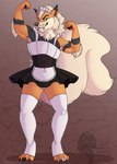 absurd_res anthro arcanine armpit_hair biped body_hair bottomwear clothed clothing crossdressing digital_media_(artwork) fluffy generation_1_pokemon grumpy_griffin_creations hair hi_res legwear looking_at_viewer maid_uniform male marvelous_managerie muscular nintendo pokemon pokemon_(species) pose simple_background skirt smile smirk solo uniform