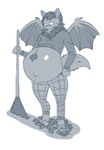 belly big_belly blue_and_white bottomwear clothing cudacore hi_res leaf male monochrome navel outie_navel pants pregnant pregnant_male rake sweater tools topwear vin_the_bat