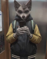 5_fingers animated anthro backpack black_eyes black_nose blinking canid canine canis cellphone clothed clothing detailed_background electronics elevator fingers fur furryanonimator glowing glowing_eyes grey_body grey_fur grey_hair hair half-closed_eyes half-length_portrait head_tuft holding_cellphone holding_object holding_phone holding_smartphone hoodie jacket letterman_jacket looking_at_viewer male mammal mirror_selfie narrowed_eyes no_sound phone photorealism portrait selfie short_hair short_playtime smartphone smile solo standing terry_grimm topwear tuft webm wolf