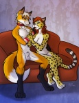 2012 animal_genitalia anthro balls breasts canid canine cheetah collar conditional_dnp digital_media_(artwork) dipstick_tail duo felid feline female fox fully_sheathed furniture genitals kadath male male/female mammal markings nude sheath sleeves sofa tail tail_markings theorangefox_(fursona)