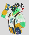 anthro biceps bottomwear clothed clothing ghost gloves green_body green_eyes handwear headgear league_of_legends male muscular muscular_anthro muscular_male pecs question_mark riot_games shirt simple_background solo spirit tencent thresh topwear yourboi_lynno