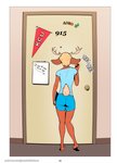 2020 5_fingers anthro biped bottomwear clothed clothing comic deer digital_media_(artwork) door dormitory english_text falcon_mccooper femboy fingers fully_clothed hi_res hotpants inside jesse_(falcon_mccooper) male mammal plantigrade shirt shorts solo t-shirt text topwear