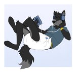 anthro black_body black_fur blue_background canid canine clean_diaper clothed clothing crossed_legs diaper electronics eyes_closed fur grey_body grey_fur headphones hi_res listening_to_music lying male mammal on_back pantsless relaxing shirt simple_background slusheep solo topwear wearing_diaper white_background