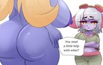 big_breasts big_butt biped blonde_hair breasts butt cleavage clothed clothing crossed_arms dialogue duo female hair hi_res huge_breasts humanoid kindrose league_of_legends not_furry nude poppy_(lol) pupils purple_body riot_games tencent text thick_thighs tristana_(lol) yordle