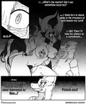 2017 anthro bandage big_breasts bodily_fluids bone bottomwear breasts clothing comic curvy_figure daylock_(viroveteruscy) demon dragon english_text female group hi_res horn if_hell_had_a_taste male melee_weapon monochrome mythological_creature mythological_scalie mythology navel nipple_covers open_mouth pants polearm scales scalie scythe shirt skull skull_head skylar_fidchell sweat tail text thick_thighs three_frame_image topwear trio viroveteruscy weapon wide_hips wings wounded