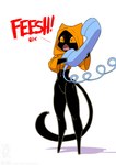 2023 ambiguous_gender anthro black_body black_fur clothing conditional_dnp dialogue domestic_cat electronics felid feline felis fur hoodie jollyjack landline_phone mammal open_mouth orange_eyes phone simple_background solo teeth text topwear white_background