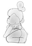 animal_crossing back_boob big_butt bottomwear breasts butt canid canine canis clothed clothing digital_drawing_(artwork) digital_media_(artwork) domestic_dog female floppy_ears greyscale hair isabelle_(animal_crossing) kofesmilk mammal monochrome nintendo portrait raised_bottomwear raised_clothing raised_skirt rear_view short_tail simple_background skirt tail three-quarter_portrait tied_hair white_background