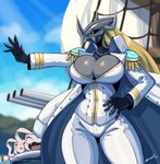 2024 anthro armor bandai_namco big_breasts blackwargreymon breasts bulging_breasts cannon cleavage clothed clothing coat digimon digimon_(species) female glistening glistening_breasts gloves grey_body hair handwear headgear helmet hi_res jewelry koromon lyorenth-the-dragon naval_uniform necklace open_mouth ranged_weapon ship solo topwear uniform vehicle watercraft weapon yellow_eyes