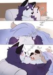 2024 anthro bed biped blush blush_lines brown_body brown_fur canid canine canis domestic_dog duo fox fur furniture hi_res male mammal muscular muscular_anthro muscular_male on_bed purple_body purple_fur sleeping_together thebenjimaru white_body white_fur