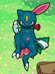 2024 2_toes 3:4 3_tails anthro anus asymmetrical_ears balls bandanna blue_body blue_fur blush butt cel_shading chest_gem claws digital_media_(artwork) feet flower flower_in_mouth forehead_gem foreskin fur gem generation_2_pokemon genitals grass inviting kerchief light lighting looking_at_viewer male messenger_bag mklxiv multi_tail nature nature_background navel nintendo nipples oekaki penis perineum plant pokemon pokemon_(species) rose_(flower) shaded signature sitting smile sneasel solo tail toes