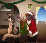 2018 :3 adobe_photoshop_(artwork) anthro apron basitin blush brown_body brown_fur canid canine canis christmas christmas_clothing christmas_headwear clothed clothing colored conditional_dnp container cup detailed_background digital_media_(artwork) english_text eyes_closed fake_beard female fur gesture group hand_gesture hand_holding hat headgear headwear heterochromia hi_res holding_object holidays humor inside keidran keith_keiser kissing_bough kitchen larger_female male mammal middle_finger mistletoe natani plant santa_hat scarf sibling_(lore) size_difference smaller_male smile snow text thumbs_up tom_fischbach twokinds url window winter wolf zen_(twokinds)