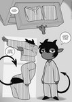 biped butt clothed clothing comic demon dialogue english_text fingers freckles_(artist) hair horn male monochrome pajamas solo spade_tail tail text thought_bubble