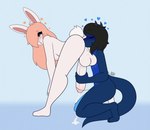 absurd_res anal anthro backsack balls black_hair blue_body blush blush_lines bodily_fluids cum dragon duo eyes_closed feet genital_fluids genitals gynomorph hair handjob handjob_while_rimming hi_res horn humanoid_genitalia intersex intersex/male kneeling lagomorph leaking_cum leporid looking_pleasured male mammal max_draws molly_(max_draws) motion_lines mythological_creature mythological_scalie mythology one_eye_obstructed open_mouth oral orange_eyes orange_hair penile penis rabbit rimming rimming_gynomorph scalie sex standing standing_sex