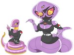 anthro apode arbok belt big_breasts bottomwear bracelet breasts clothed clothing draconcopode duo ekans female forked_tongue generation_1_pokemon hi_res jacket jewelry legless naga nintendo pokeball pokemon pokemon_(species) purple_body reptile scalie serpentine simple_background size_difference skirt snake snake_hood tail tongue topwear urusee584 white_background yellow_eyes