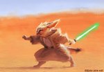 ambiguous_gender anthro belt blue_sky canid canine clothing desert digital_media_(artwork) digital_painting_(artwork) digitigrade dipstick_tail ears_back energy_sword energy_weapon fennec_fox fighting_pose fox green_lightsaber hi_res holding_object holding_weapon hood jedi kelvin_liew lightsaber mammal markings melee_weapon multicolored_tail narrowed_eyes pivoted_ears pose shirt simple_background sky solo squint star_wars sword tail tail_markings topwear true_fox tunic weapon