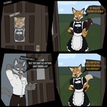 1:1 2024 absurd_res anthro canid canine canis clothed clothing comic dialogue digital_drawing_(artwork) digital_media_(artwork) duo english_text femboy fully_clothed fur grey_body grey_fur hi_res humor maid_uniform male mammal orange_body orange_fur pun speech_bubble suitedwolfie talking_to_another text uniform wolf