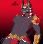 abs absurd_res annoyed anthro anubian_jackal anubis anubis_reaper balls biceps black_body blizzard_entertainment blush bodily_fluids bottomwear bulge canid canine canis clothing deity egyptian egyptian_clothing egyptian_headdress egyptian_mythology erection genitals headgear hi_res jackal loincloth male mammal middle_eastern_mythology muscular muscular_anthro muscular_male mythology nemes_(clothing) nipples nude overwatch pecs penis reaper_(overwatch) red_eyes ruvik666 serratus sharp_teeth simple_background solo sweat teeth triceps