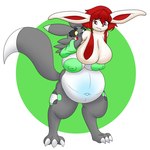 1:1 bandai_namco belly big_belly big_breasts breasts digimon digimon_(species) digiwolx_(character) duo eeveelution female female/female generation_4_pokemon glaceon green_nipples hi_res nintendo nipples oral_vore pokemon pokemon_(species) renamon vlea vlea_(vglaceon) vore