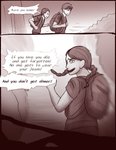 backpack braided_hair clothing comic dialogue duo english_text eyebrows female hair hazel_(downthehatch) hi_res human human_only lemondeer long_hair male mammal monochrome noah_(downthehatch) not_furry seed sepia short_hair sibling_(lore) simple_background text