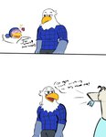 2022 absurd_res accipitrid accipitriform ambiguous_gender animal_crossing anthro apollo_(animal_crossing) avian bald_eagle beak bear beargarbage bird black_body black_clothing black_eyes black_feathers black_shirt black_topwear blue_clothing blue_helmet blue_shirt blue_topwear blush clothing comic dialogue digital_media_(artwork) eagle english_text feather_hair feathers fur grey_body grey_feathers grey_helmet group hair half-closed_eyes hi_res looking_at_another male mammal multicolored_body multicolored_clothing multicolored_feathers multicolored_helmet multicolored_shirt multicolored_topwear narrowed_eyes nintendo orange_beak penguin pink_body pink_feathers polar_bear pseudo_hair puck_(animal_crossing) sea_eagle shirt smile speech_bubble text tongue topwear trio two_tone_clothing two_tone_shirt two_tone_topwear ursine white_body white_feather_hair white_feathers white_fur white_hair white_helmet