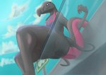 against_surface ambiguous_gender anthro ass_on_glass butt cloud generation_7_pokemon glass hi_res looking_at_viewer looking_down looking_down_at_viewer low-angle_view nintendo on_glass pokemon pokemon_(species) salazzle solo thymine