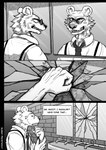 absurd_res angry anthro bear beastars broken_mirror brown_bear dialogue english_text eyewear fan_character glasses hi_res male mammal mirror monochrome reflection solo sunny_frostwolf text third-party_edit trevor_(greatlizardwizard) ursine wounded