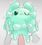 ambiguous_gender blush disembodied_hand disembodied_penis duo first_person_view genitals goo_creature green_body heart_symbol hi_res imminent_sex male male/ambiguous male_pov one_eye_closed penis poi_(artist) simple_background slime slime_(blob) translucent translucent_body