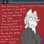 1:1 2019 ambiguous_gender anthro ask_blog biped canid canine canis clothed clothing dialogue digital_media_(artwork) english_text eyebrows eyelashes eyes_closed fur grey_body grey_fur grey_hair hair holding_chin mammal nathan_fawe red_background simple_background solo standing text thinking thoughtful_expression what_the_hart_wants white_body white_fur wolf wolfie-pawz