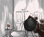 anthro arachnid arthropod arthropod_webbing black_body blood bodily_fluids detailed_background door english_text hi_res male mr._spider solo sound_effects spider text the_magnus_archives twistyblitzy