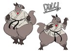 2024 action_pose anteater anthro black_body black_fur blue_eyes dulci_(sssonic2) female fur hi_res huge_hips hyper hyper_hips karate keikogi mammal martial_arts_uniform pilosan pose solo sportswear sssonic2 thick_thighs wide_hips xenarthran