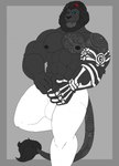 2019 4_fingers alexander_black_raion anthro big_muscles black_body black_fur black_hair black_nipples bottomwear clothing felid fingers fur hair hi_res lion male mammal mc_morrales mouth_piercing muscular nipples pantherine pants shirtless skeleton_motif solo tattoo white_tattoo