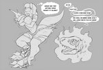 ambiguous_gender anthro big_breasts bone breast_expansion breasts butt butt_expansion clothing covering covering_self digital_drawing_(artwork) digital_media_(artwork) dinosaur duo english_text expansion female greyscale magic_user monochrome prehistoric_species profanity reptile scalie sketch skull speech_bubble text theropod thought_bubble torn_clothing transformation_through_magic tyrannosaurid tyrannosauroid tyrannosaurus tyrannosaurus_rex undead watsup