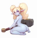 4_fingers 4_toes big_butt big_ears blonde_hair blue_body blue_skin blush breasts butt eyelashes feet female fingers golden_accessories hair hammer hi_res humanoid humanoid_pointy_ears league_of_legends looking_at_viewer looking_back nipples pink_eyes ponytail poppy_(lol) riot_games seductive short_stack simple_background sitting solo tencent toes tools white_background yordle yorzis