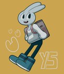 adventure_time anthro backpack boots buckteeth cartoon_network clothed clothing digital_media_(artwork) english_text female_(lore) footwear hands_behind_back lagomorph leggings legwear leporid mammal number open_mouth rabbit shoes simple_background solo sweater teeth text topwear y5_(adventure_time) yellow_background yourrealcruise