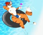 anthro areola beverage big_breasts breasts bulge clothed clothing digitigrade dracojeff eyewear felid fur gender_transformation gynomorph hair intersex katsuowota mammal nipples orange_body orange_fur pantherine red_hair short_hair solo stripes sunglasses tiger topless transformation water