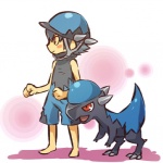 1:1 alternate_species armor cosplay cranidos duo feral fossil_pokemon generation_4_pokemon headgear helmet hitec human humanized male mammal nintendo pokemon pokemon_(species) pokemon_trainer red_eyes simple_background tail white_background