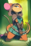 anthro archer beatrix_(alwb) belt big_ears blue_eyes bow_(weapon) breasts brown_body brown_fur clothed clothing dress female footwear fully_clothed fur hi_res holding_bow_(weapon) holding_object holding_ranged_weapon holding_weapon hood hooded_cloak kneeling mammal mouse murid murine on_grass pawpads pink_nose ranged_weapon rodent smile solo teeth toeless_footwear weapon wildblur